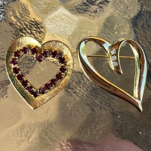 2 Heart Shaped Gold Tone and Crystals Brooch Pins 2.5”